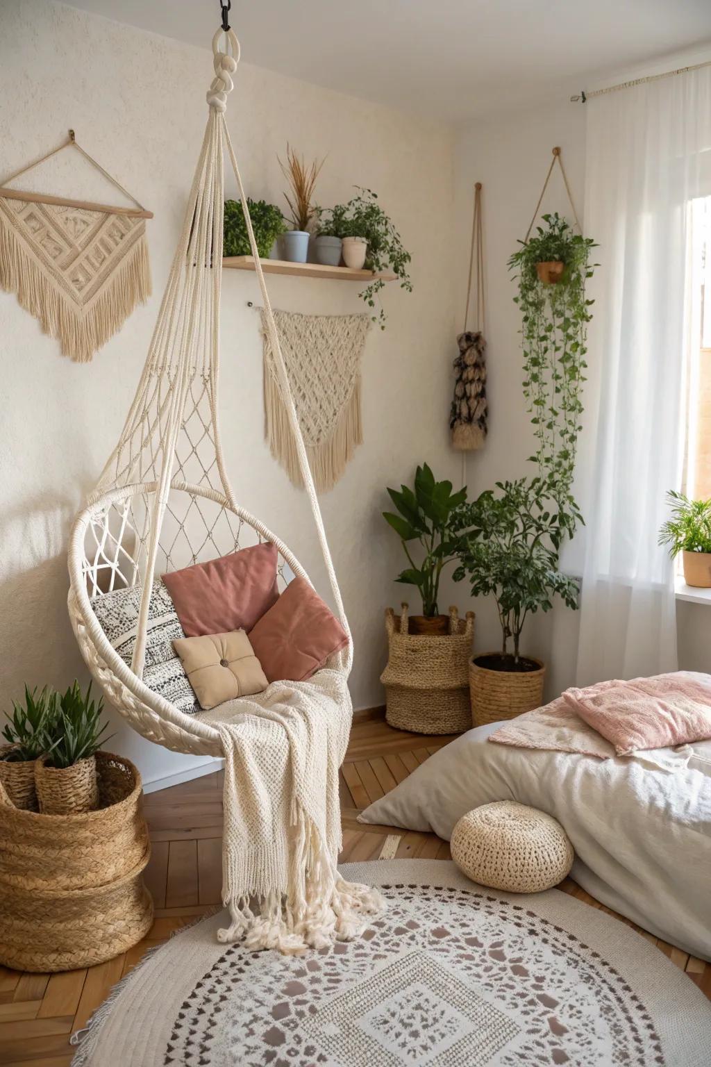 Surprise elements like a hanging chair introduce a wow factor to this boho bedroom