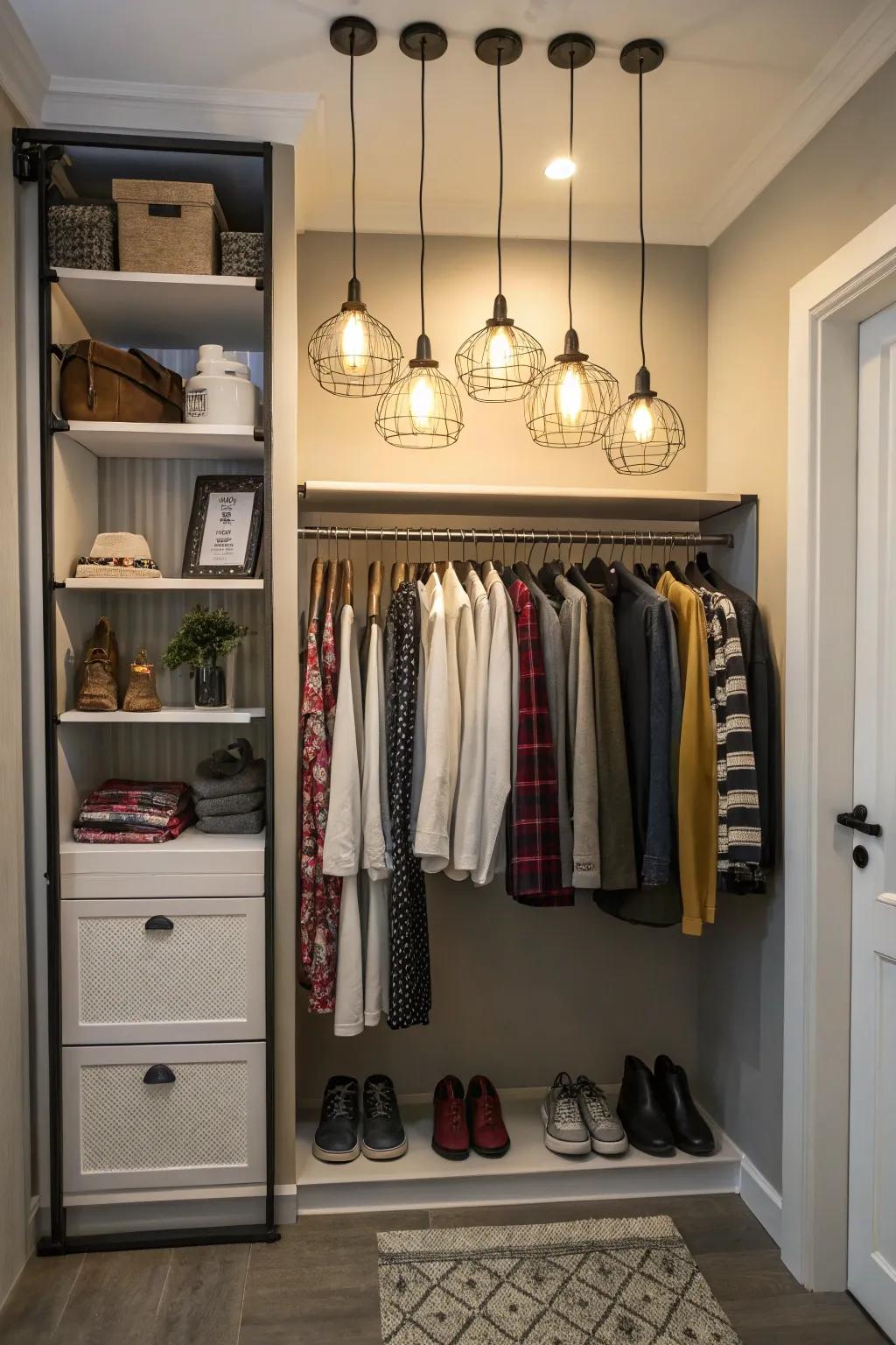 A pendant light enhances ambiance and illumination.