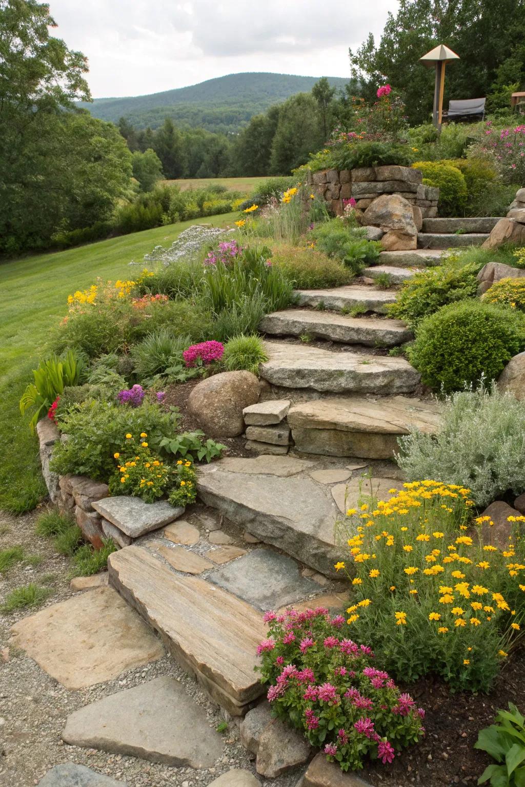 Natural stone steps providing a pathway through the rock garden.