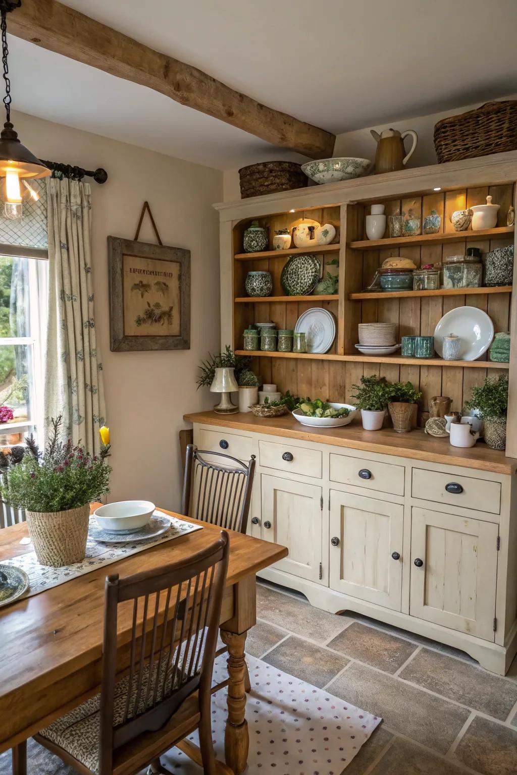 Uncovered shelving unites storage with flair.
