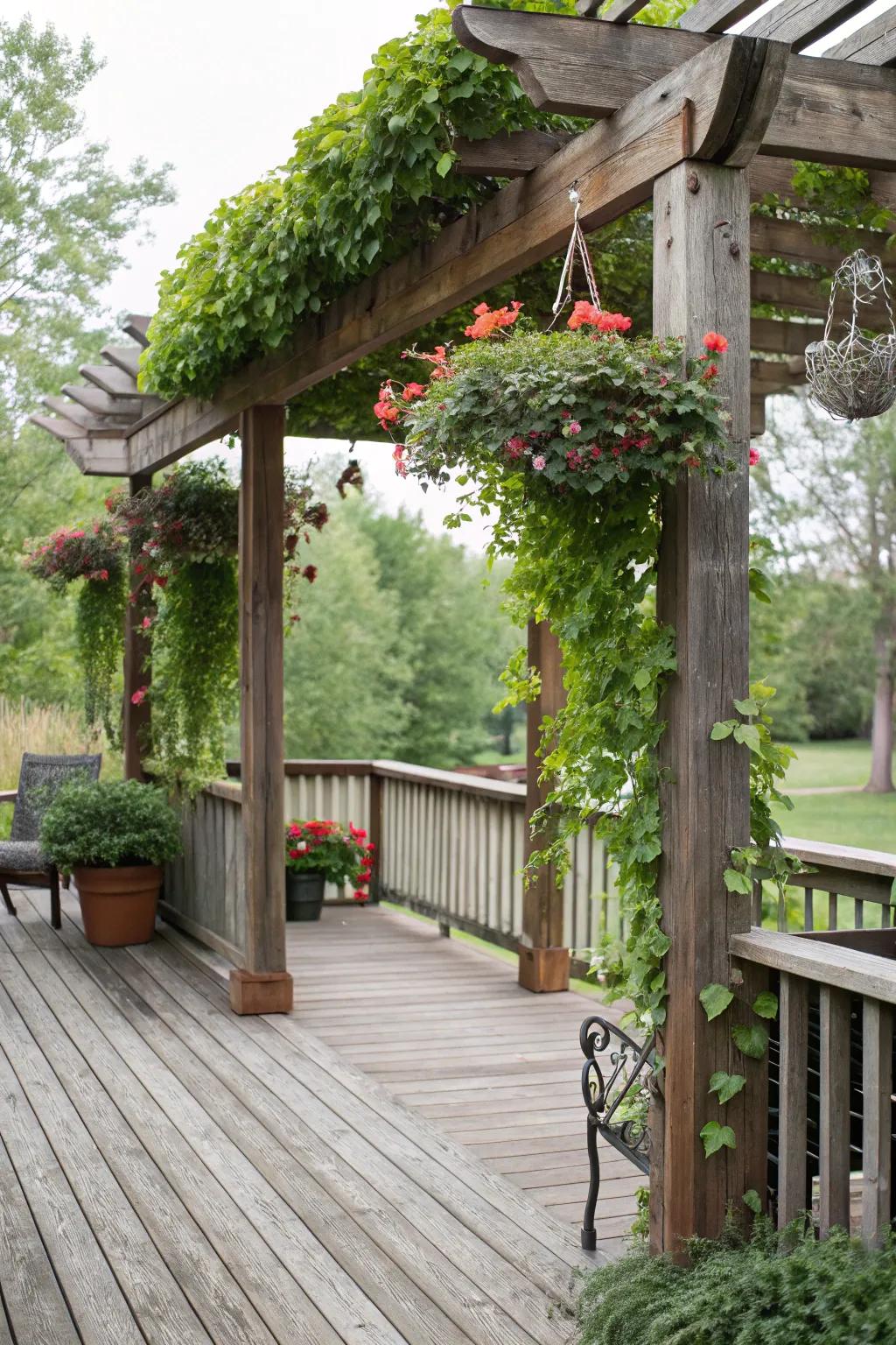 A rustic pergola shading a small deck.
