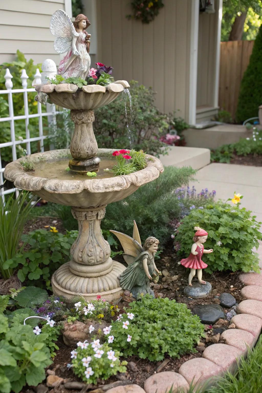 A fairy-themed water feature infuses a magical, whimsical touch.