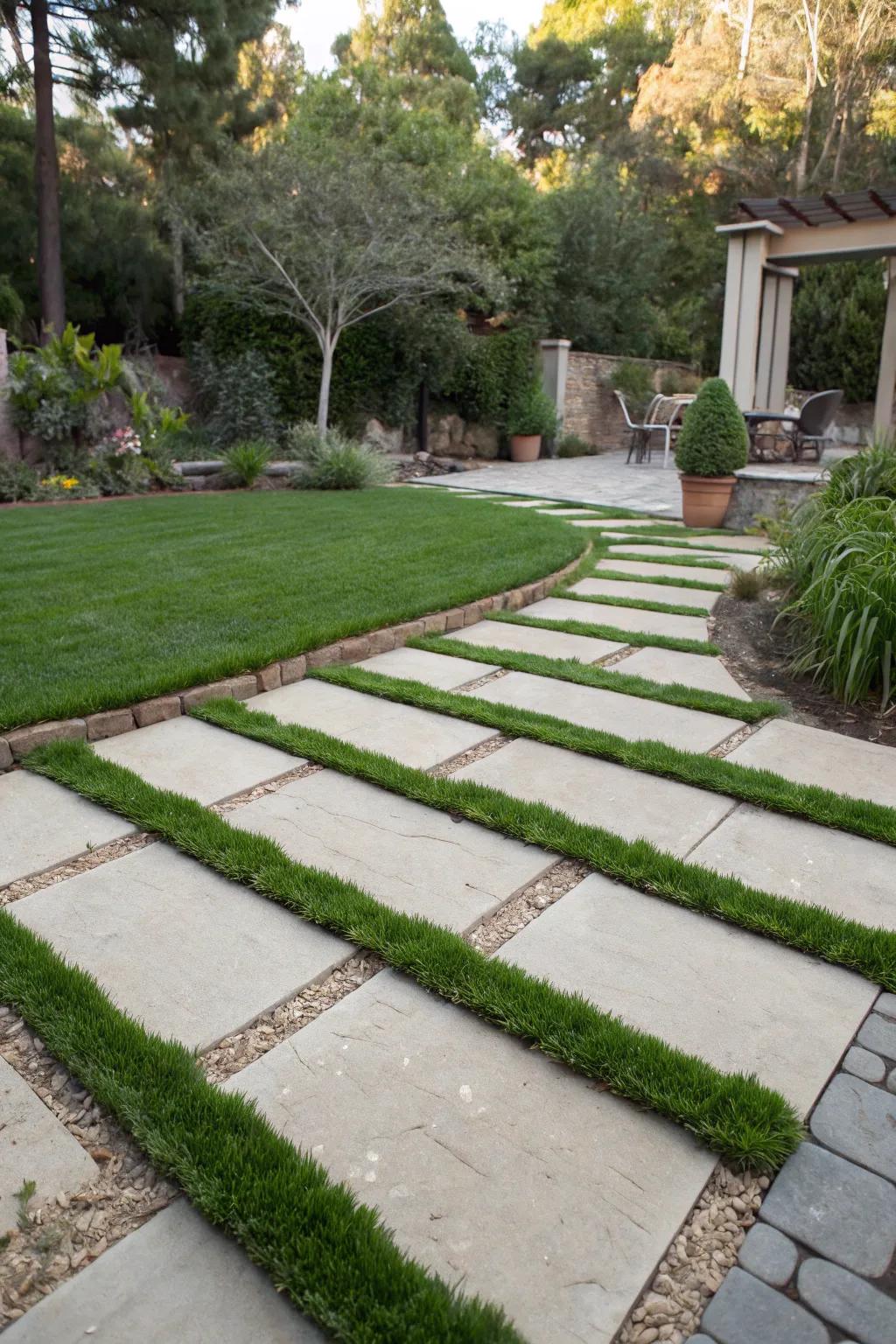 A chic walkway featuring synthetic turf between stones.