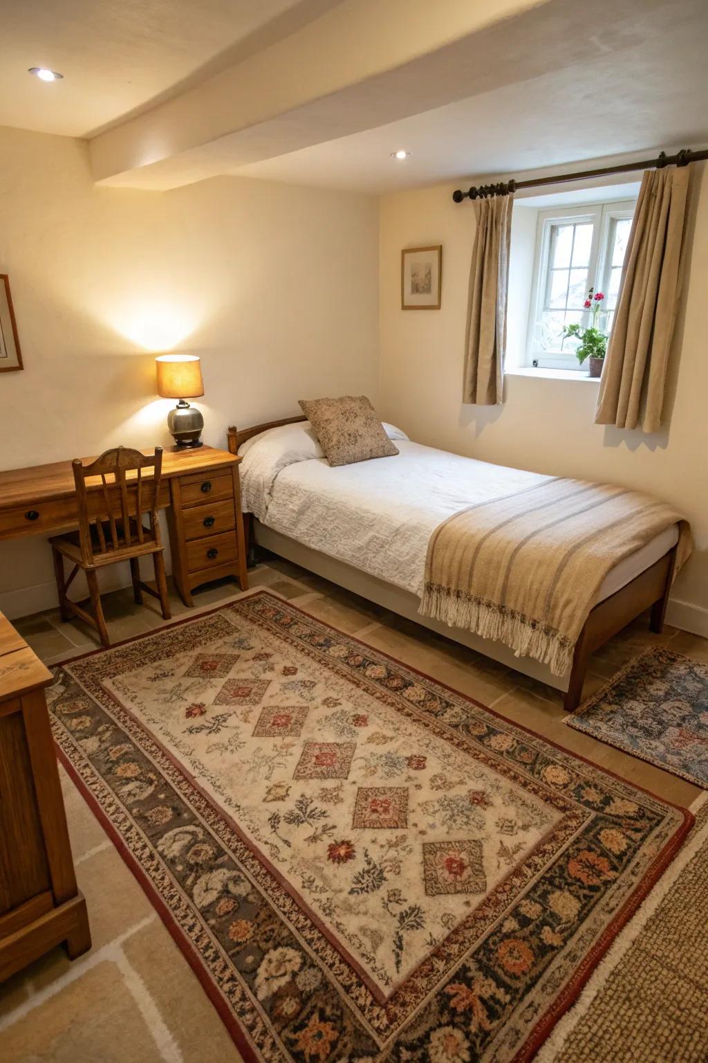 Large floor coverings create a feeling of openness.
