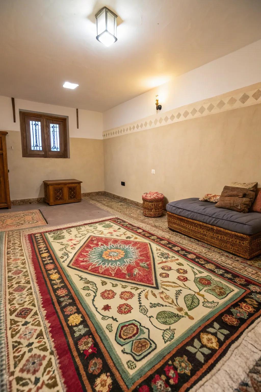 Large floor coverings define and warm the space.