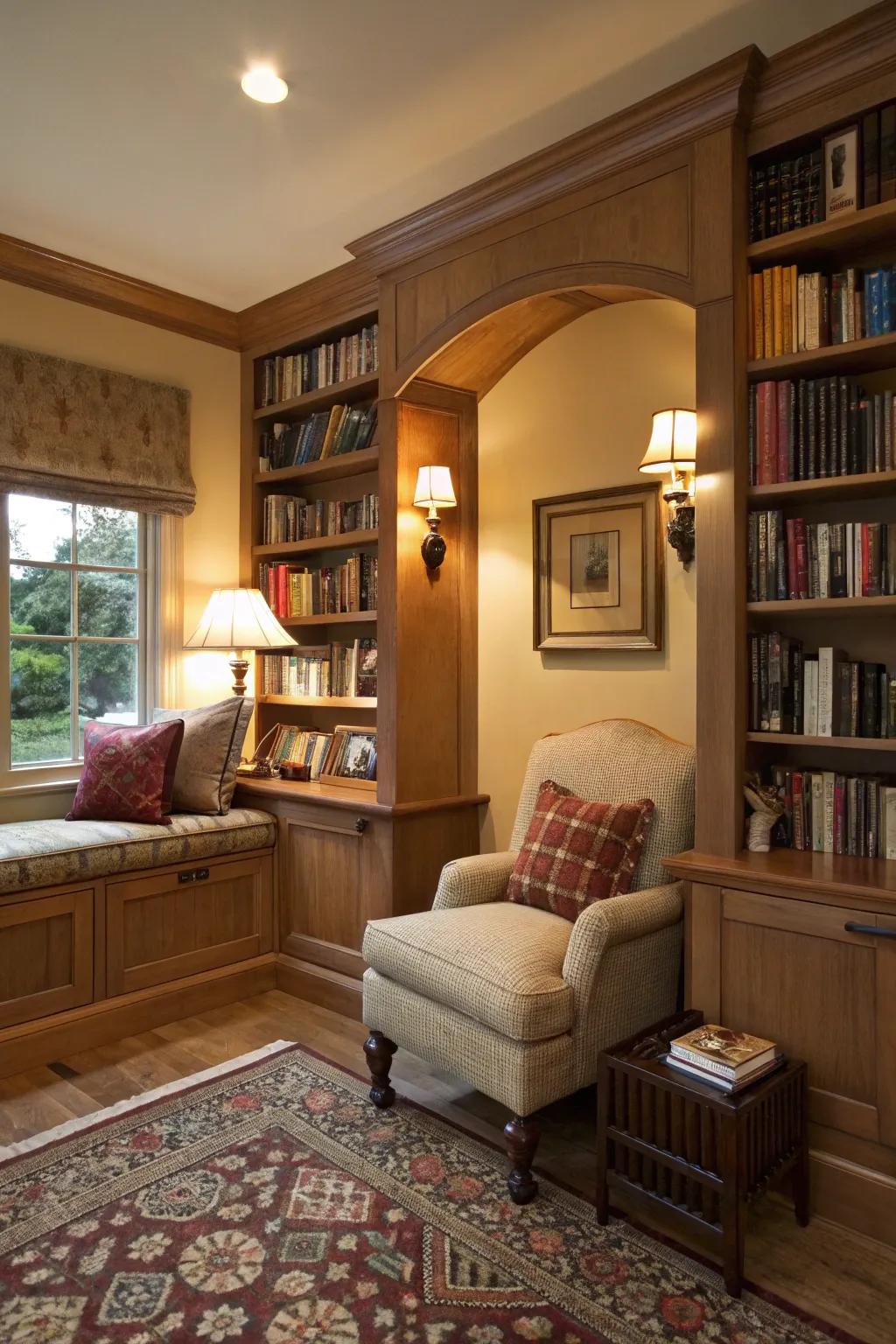 A reading alcove delivers a comfortable and intimate reading space.
