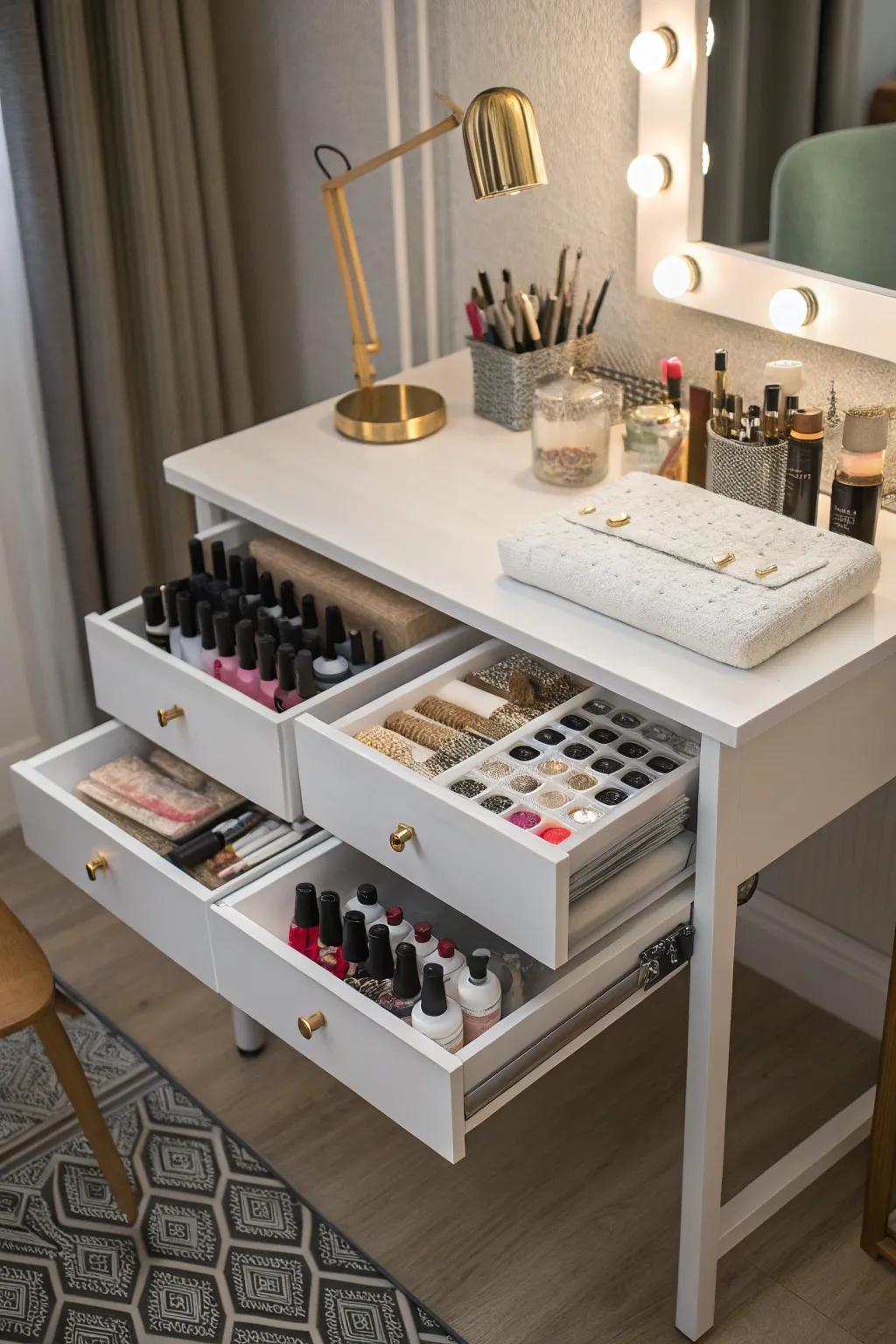 Storage under the table keeps essentials out of sight yet easy to access.