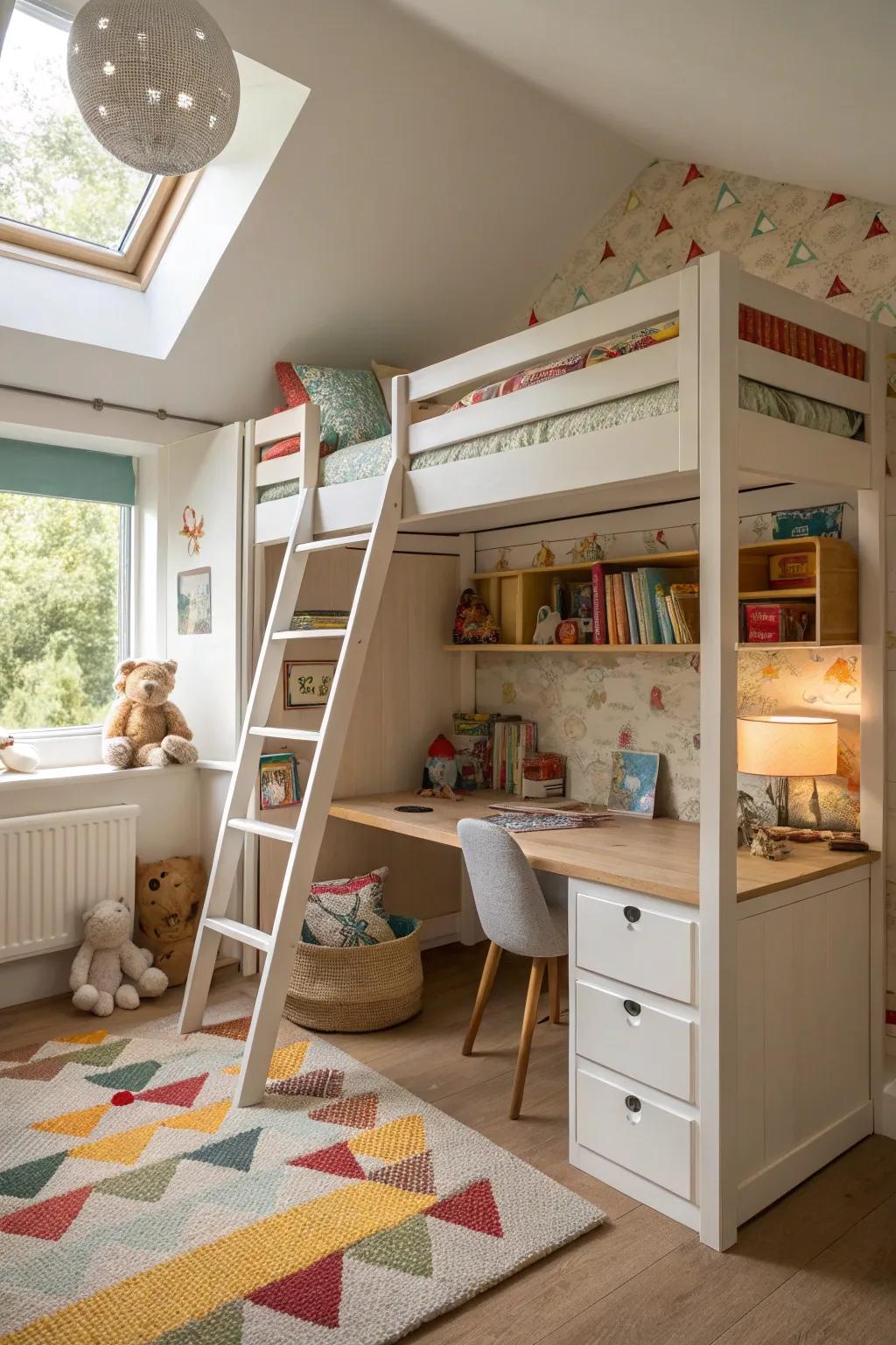 A small children's room with a creative sleeping stack design.