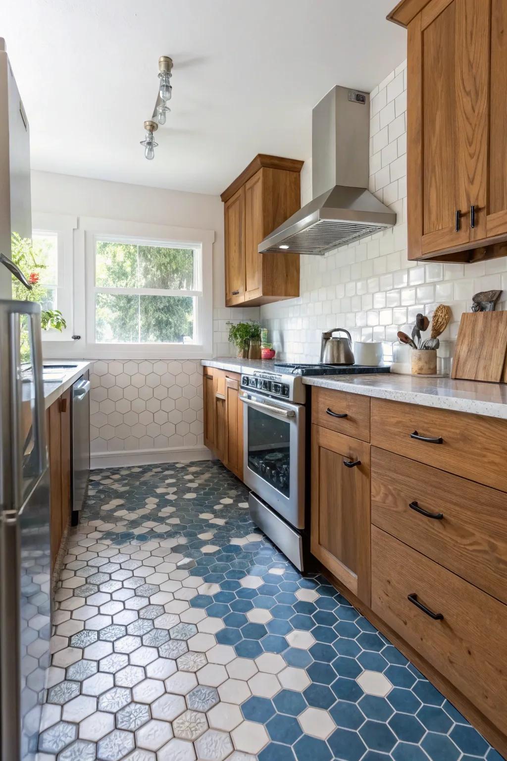Hexagon mosaics bring a distinctive artistic flair.