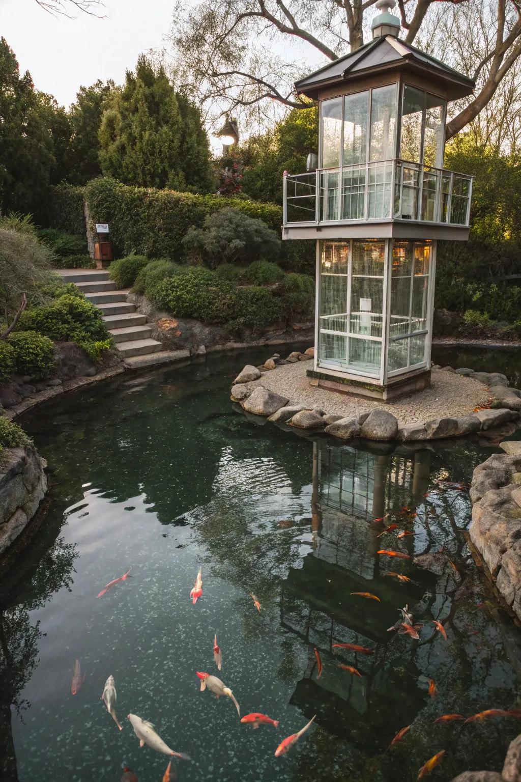 A magical observation structure offers an immersive koi-viewing experience.