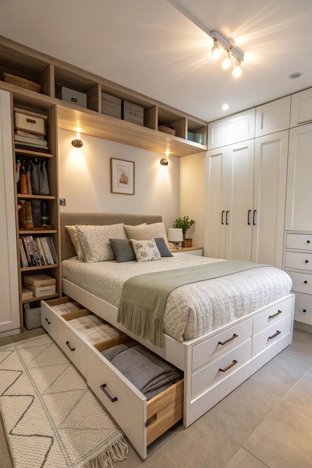 Multi-functional furnishings augment utility within a compact primary bedroom.
