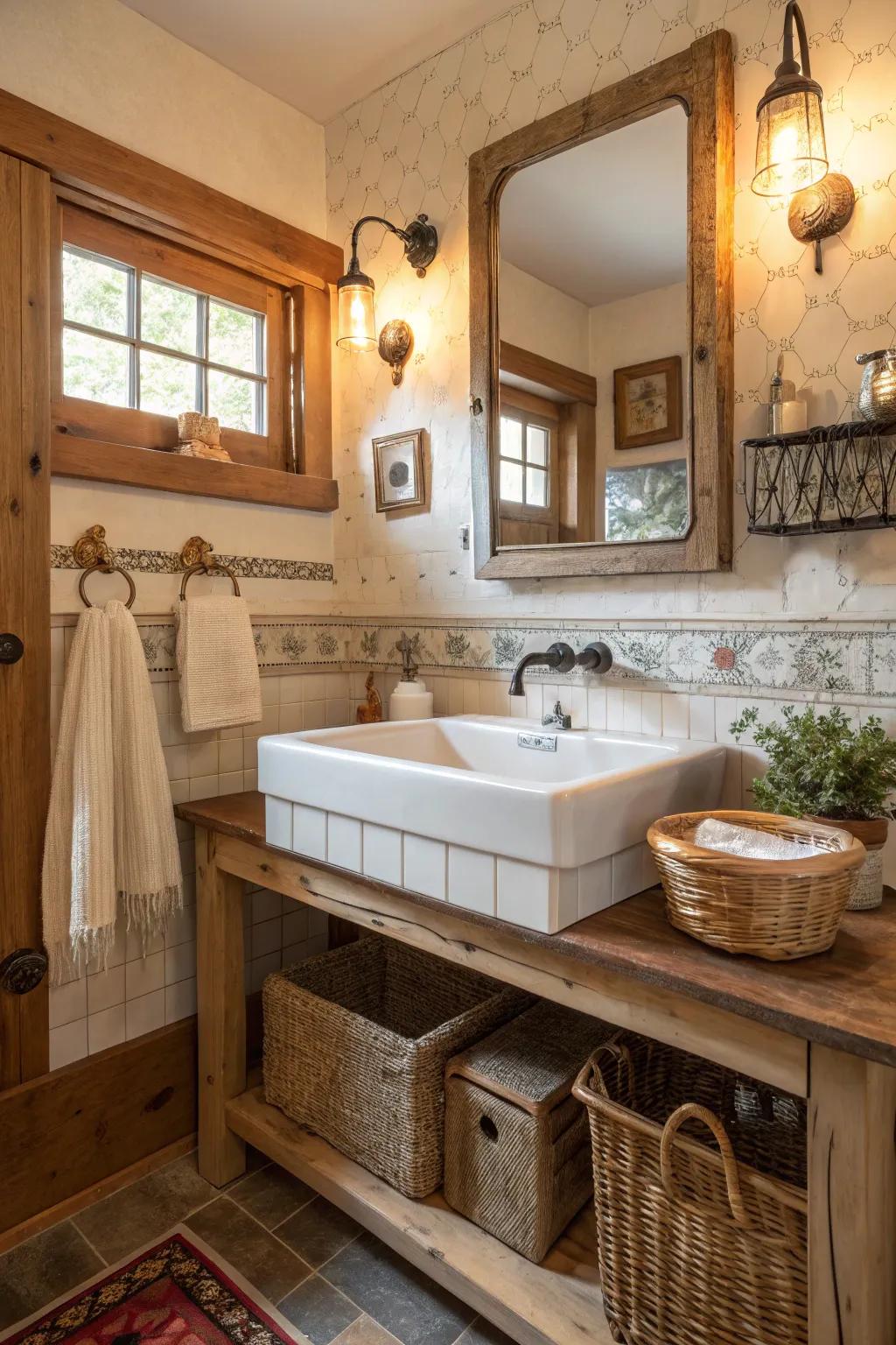 Farmhouse washing basins add charm to homespun bathrooms.