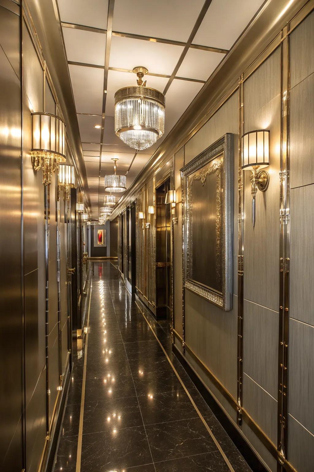 Metallic accents add elegance and interest to your narrow hallway.