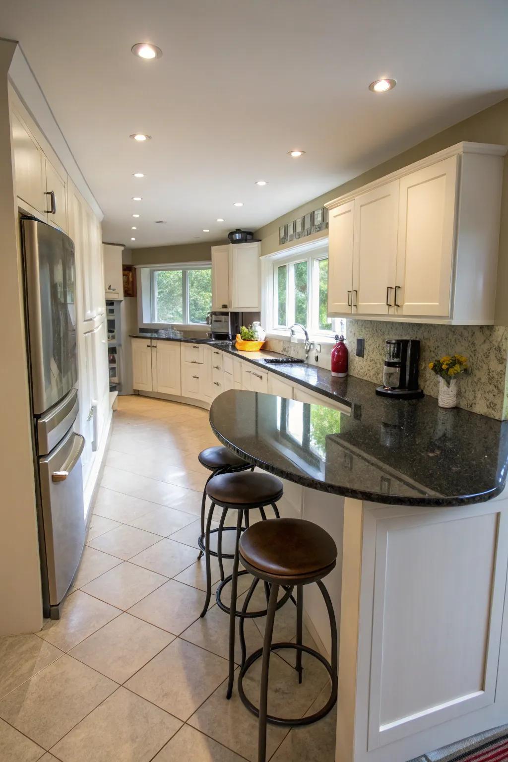 A rounded island improves flow and accessibility.