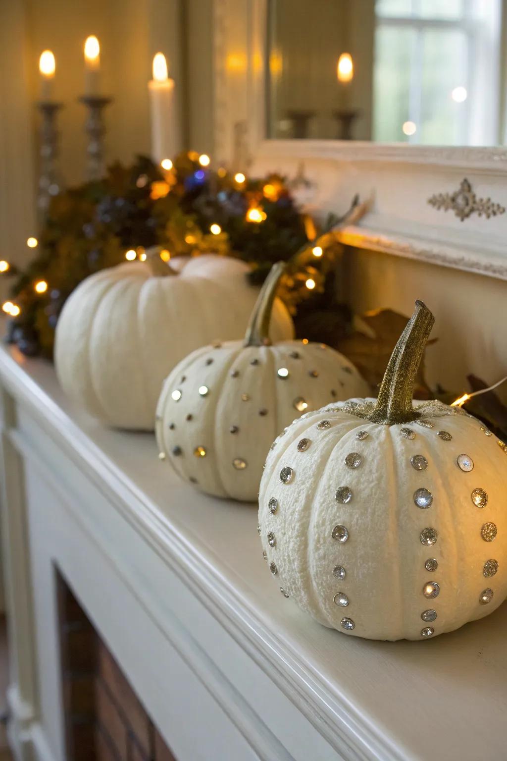 Pumpkins adorned with gems shimmer and shine, adding charm to any space.
