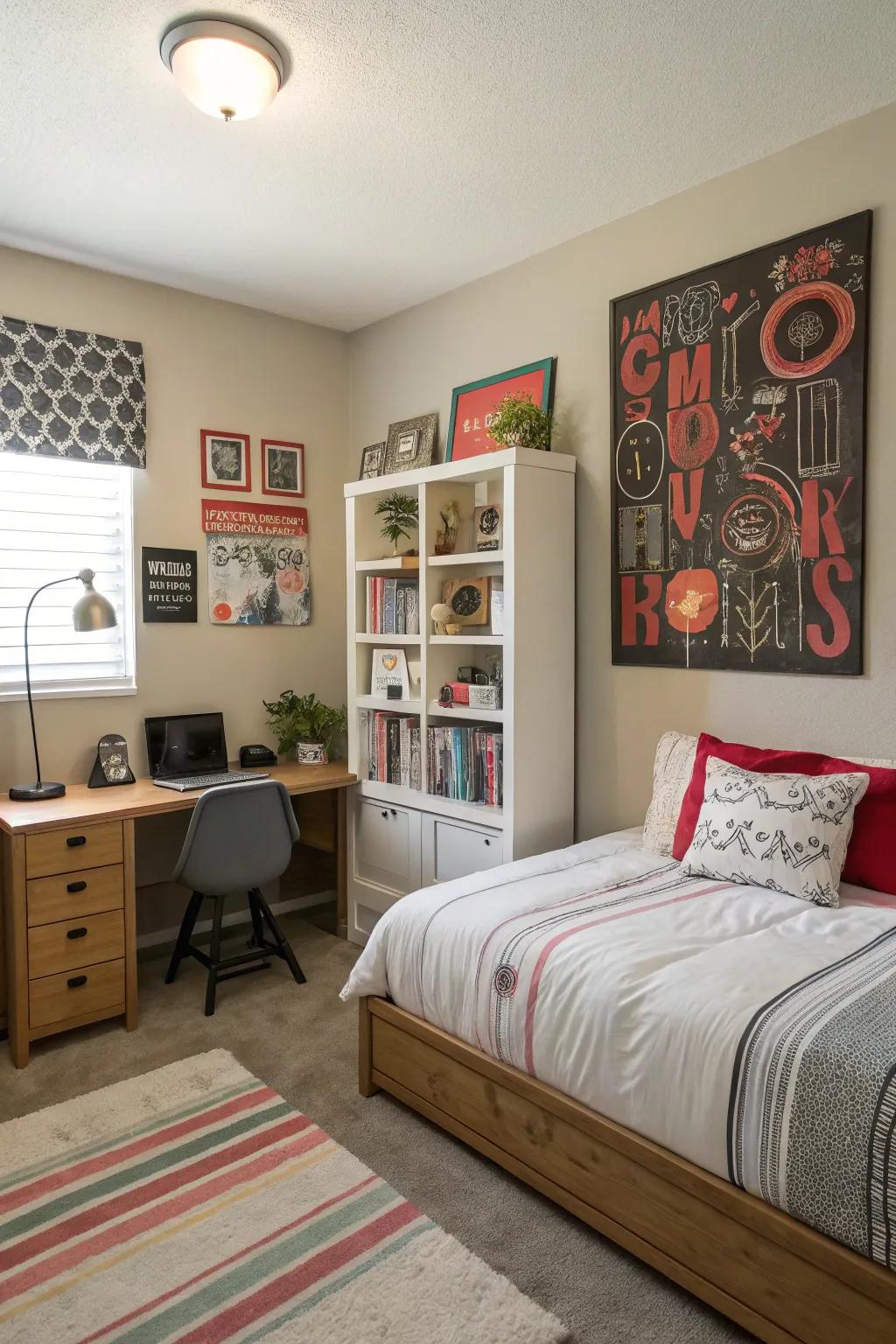 A bold wall art piece adds a surprising element of style and intrigue.