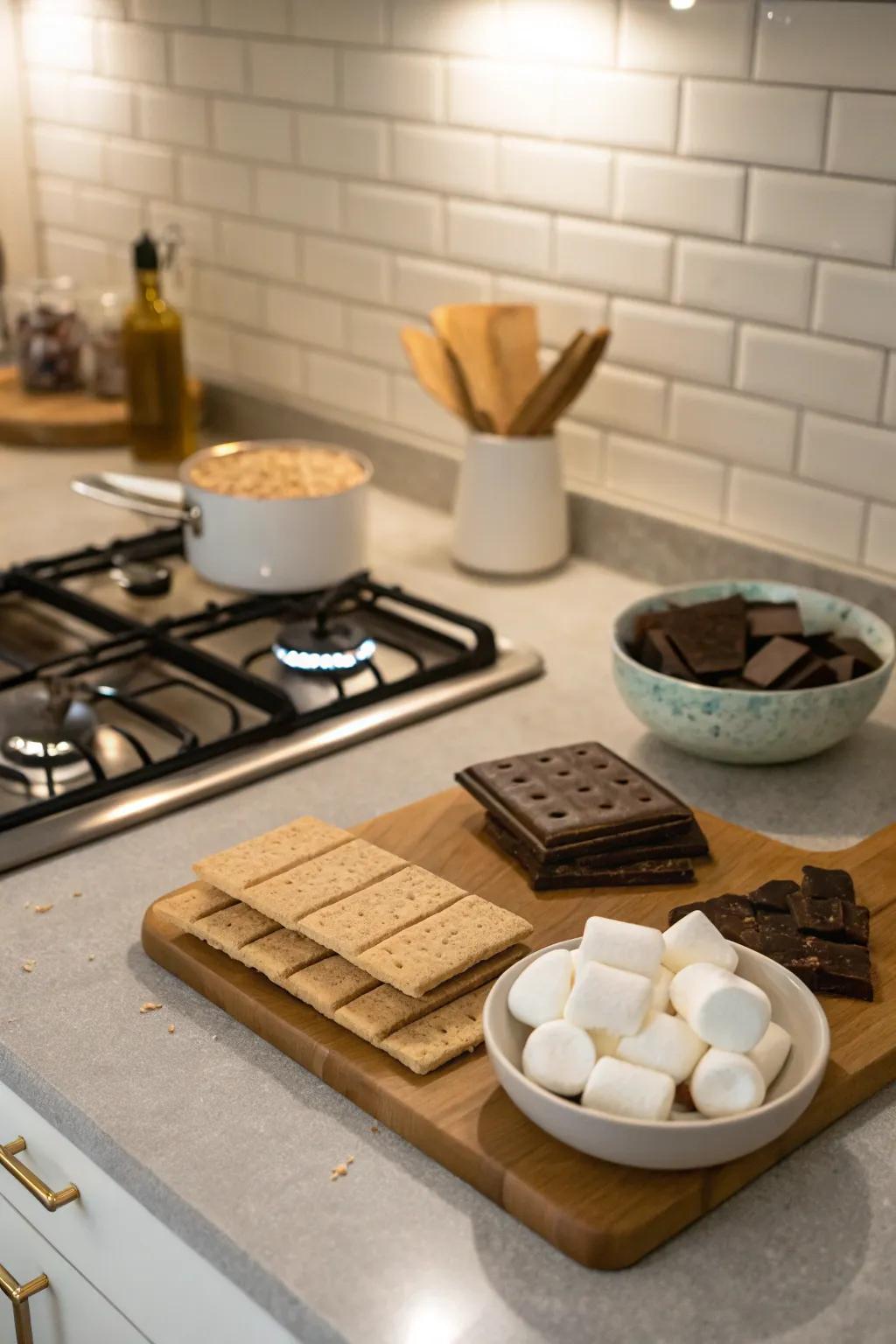 An indoor s'mores arrangement allows for year-round enjoyment regardless of the weather.