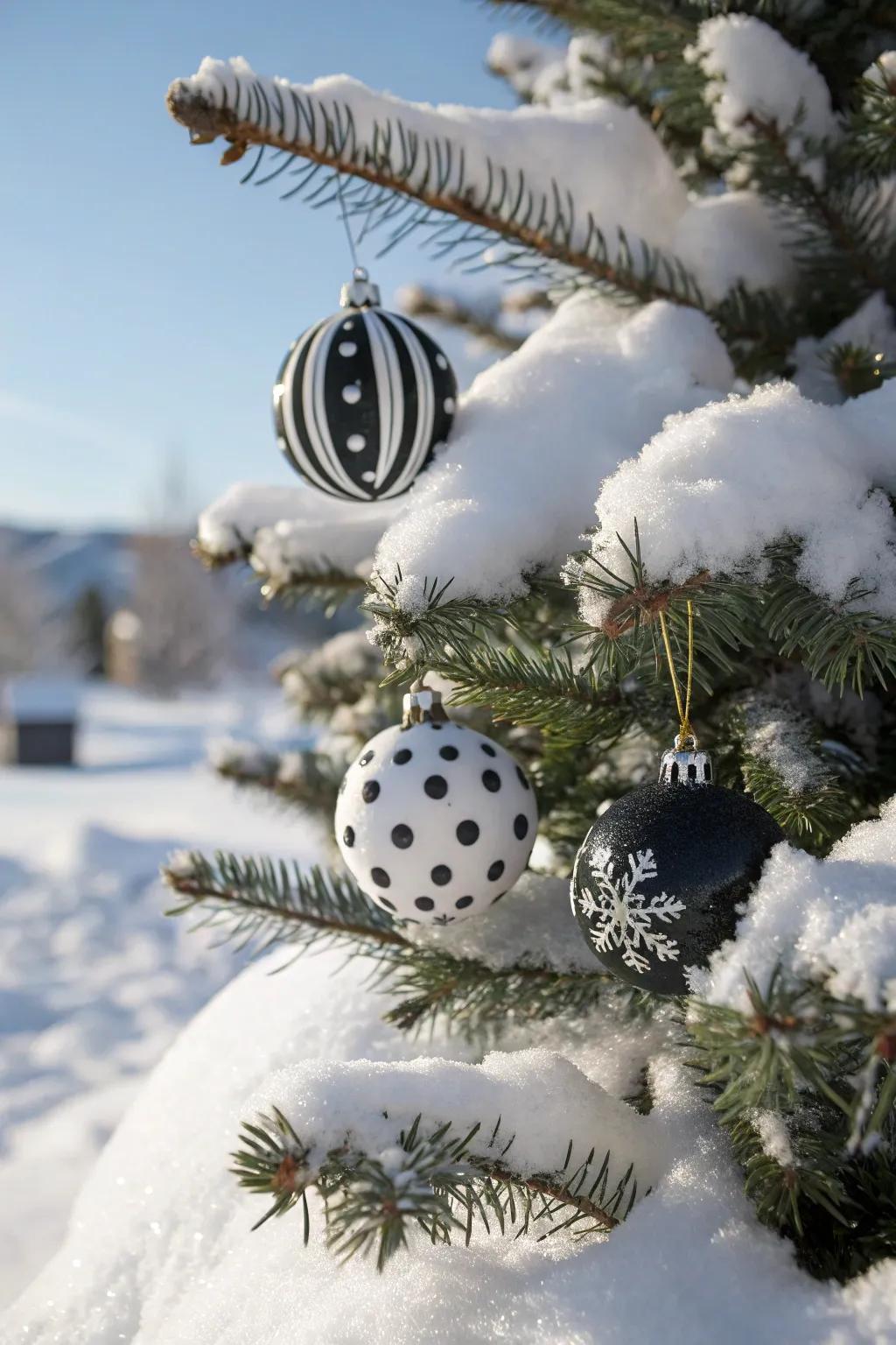Bold black and white decorations for a contemporary and striking snowy Christmas tree.