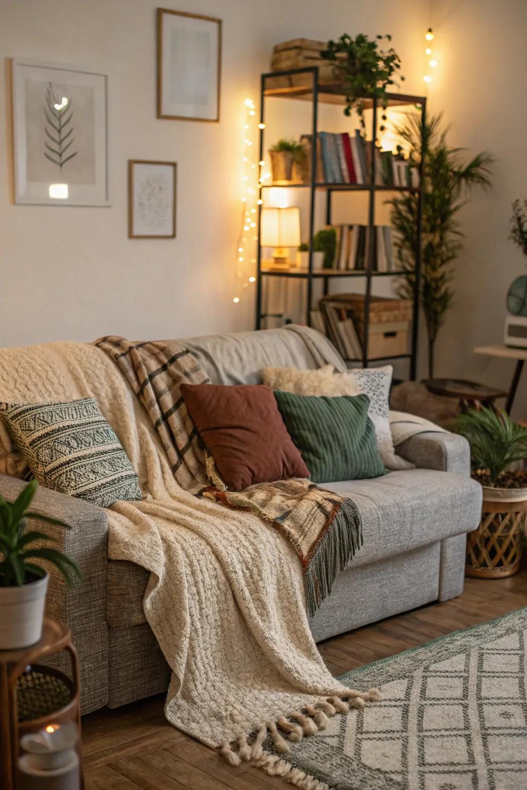 The cozy textures add visual interest, enhancing the character of this living room.