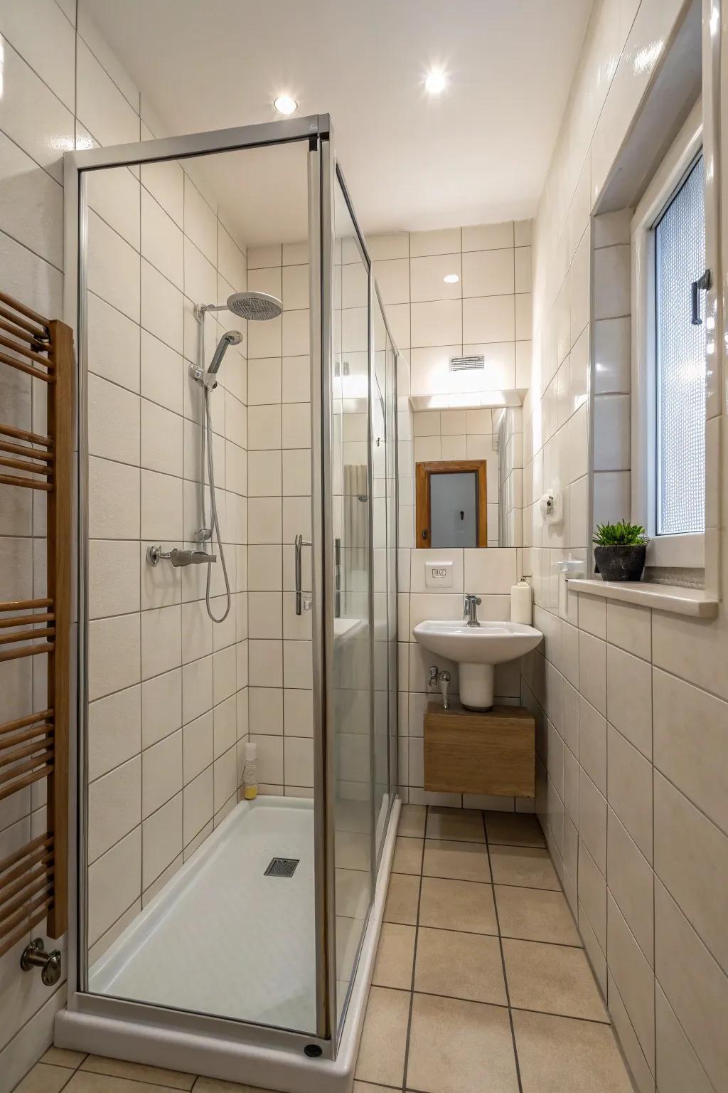 Open shower screens promote a seamless and welcoming environment.
