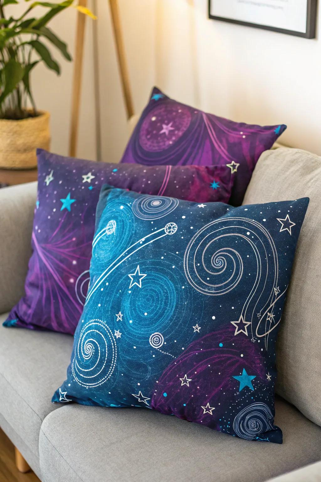 Galactic throw pillows adding a bit of space, and comfort, to seating.