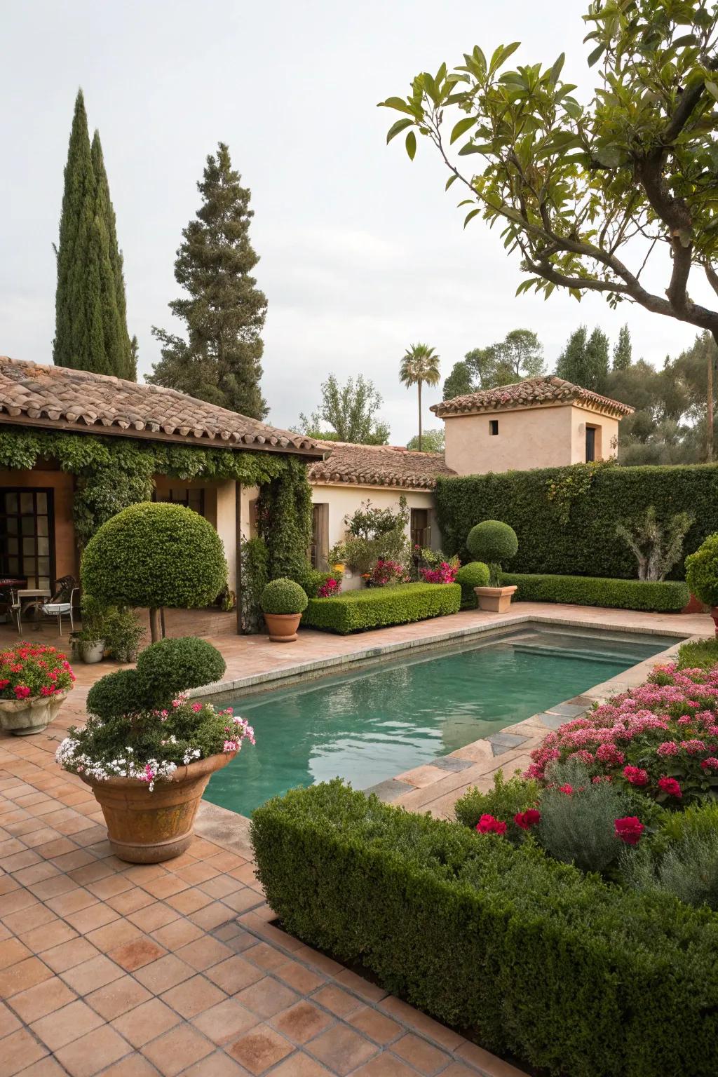 Topiary elements contribute refinement and structure to this Spanish-style garden.