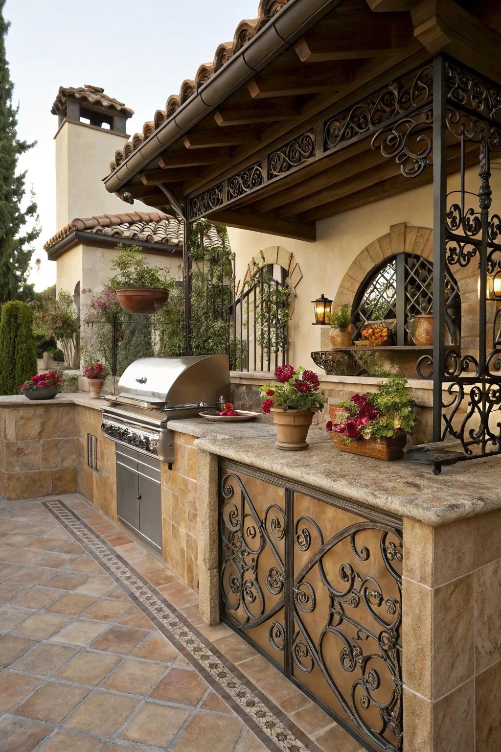 Intricate metallic detailing enhances the Spanish essence of this open-air cooking area.
