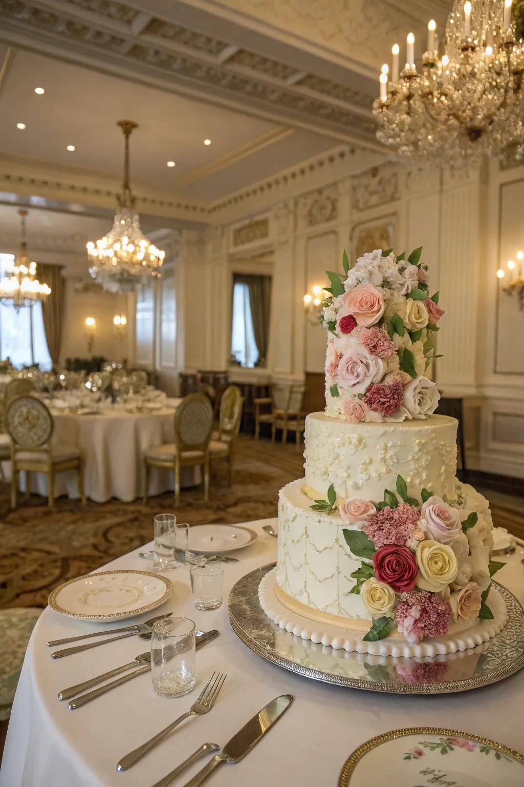 A cake adorned with detailed creamy flower artistry.