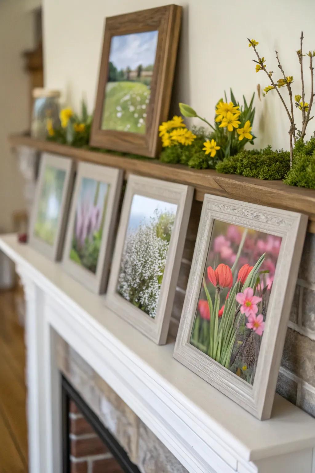Layered frames add depth and personalization to the mantel.