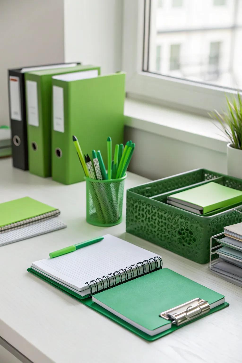 Subtly embrace the theme with emerald workplace gear.
