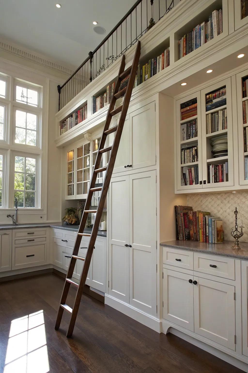 A library ladder enhances both practicality and charm in high kitchens.