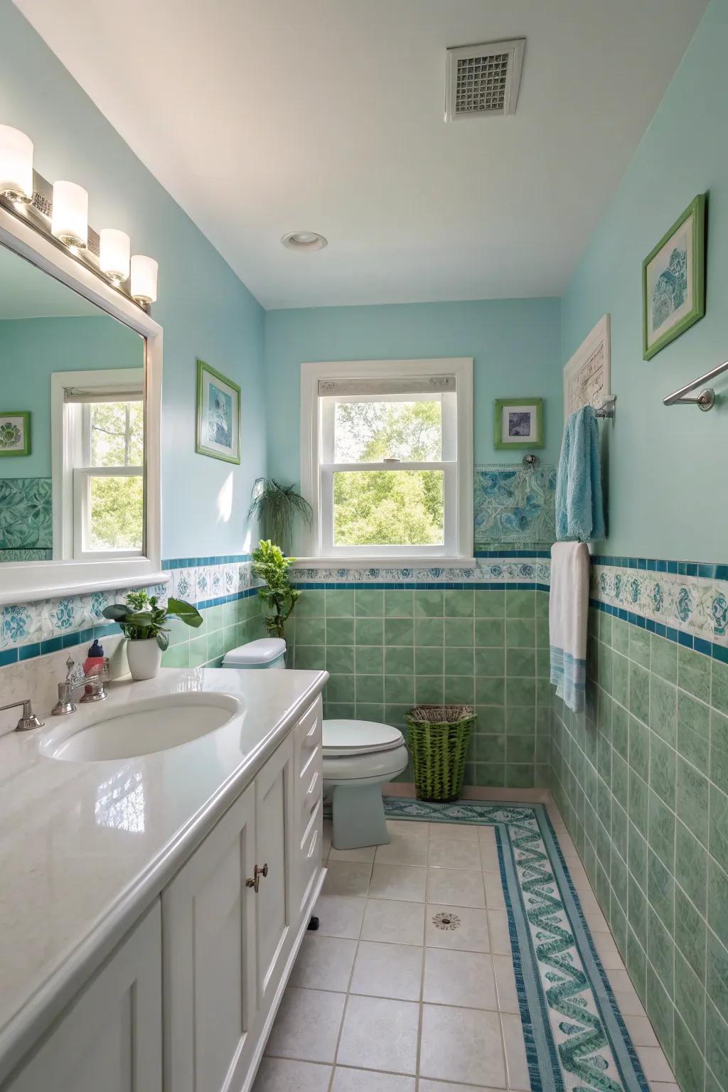 A soothing color palette creates a peaceful atmosphere in the restroom.