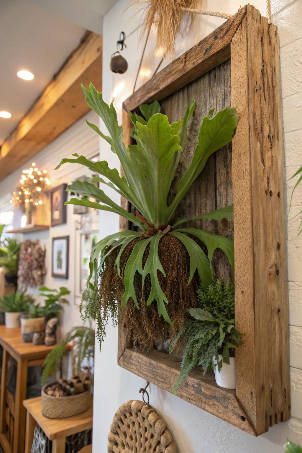 A reclaimed wood frame offers an eco-friendly way to showcase a staghorn fern.