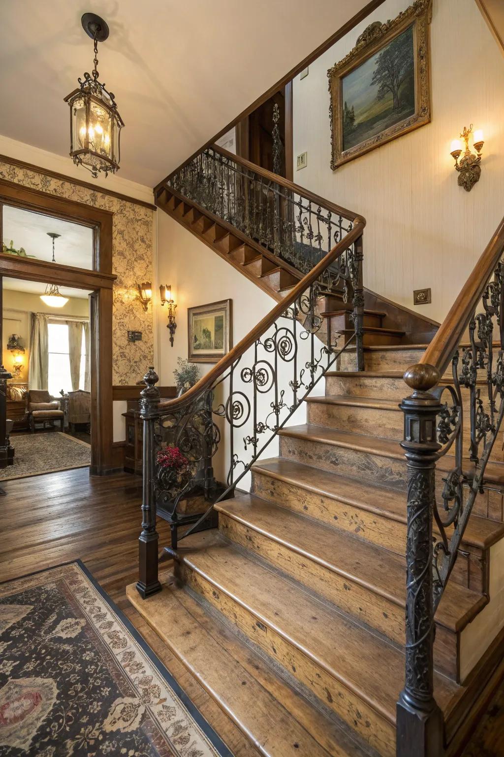 This historic staircase is enhanced by classic accents that add charm and character.