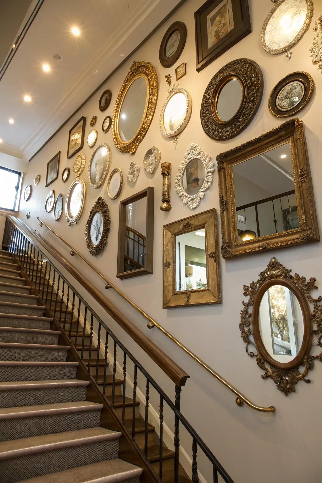 A customized collection display gives your staircase wall character and tells a narrative.