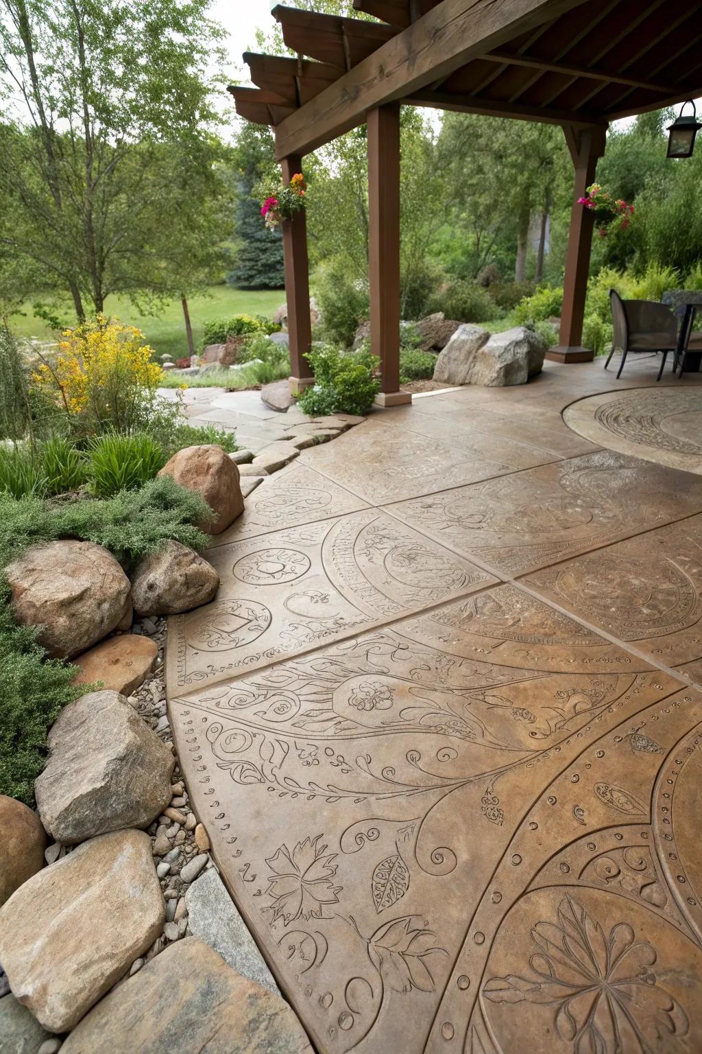 Organic highlights inject depth into this textured patio.