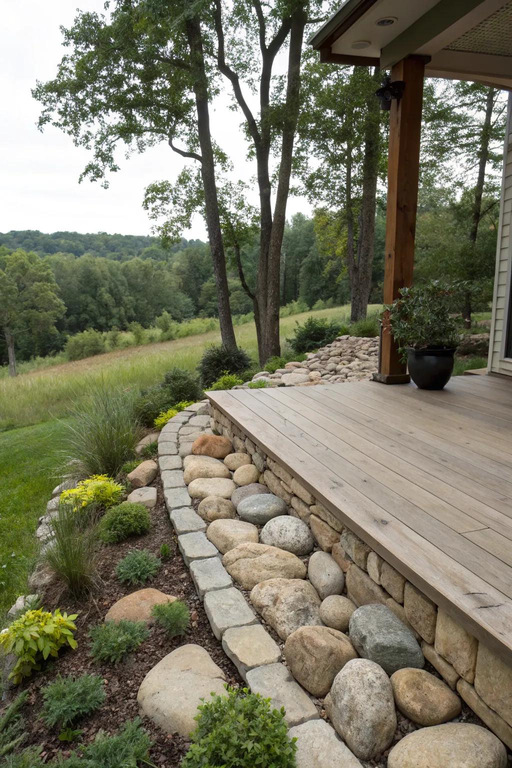 A tranquil deck with trim that seamlessly integrates into the natural surroundings.