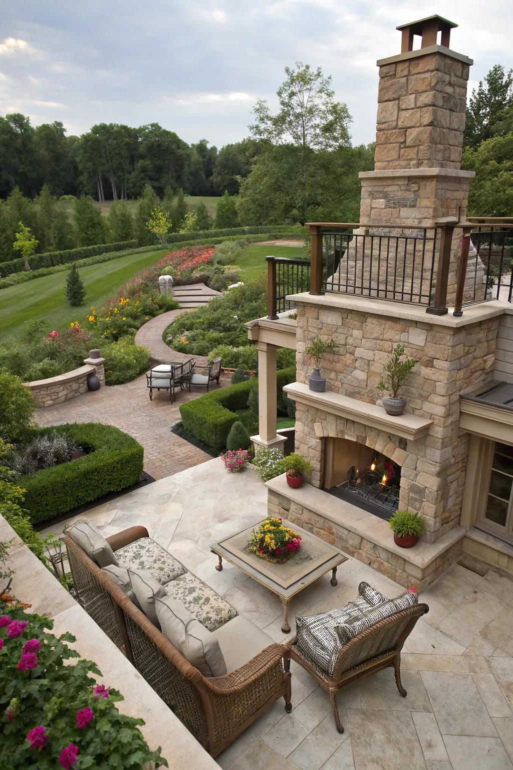 Dynamic spaces with multi-level patio integration.