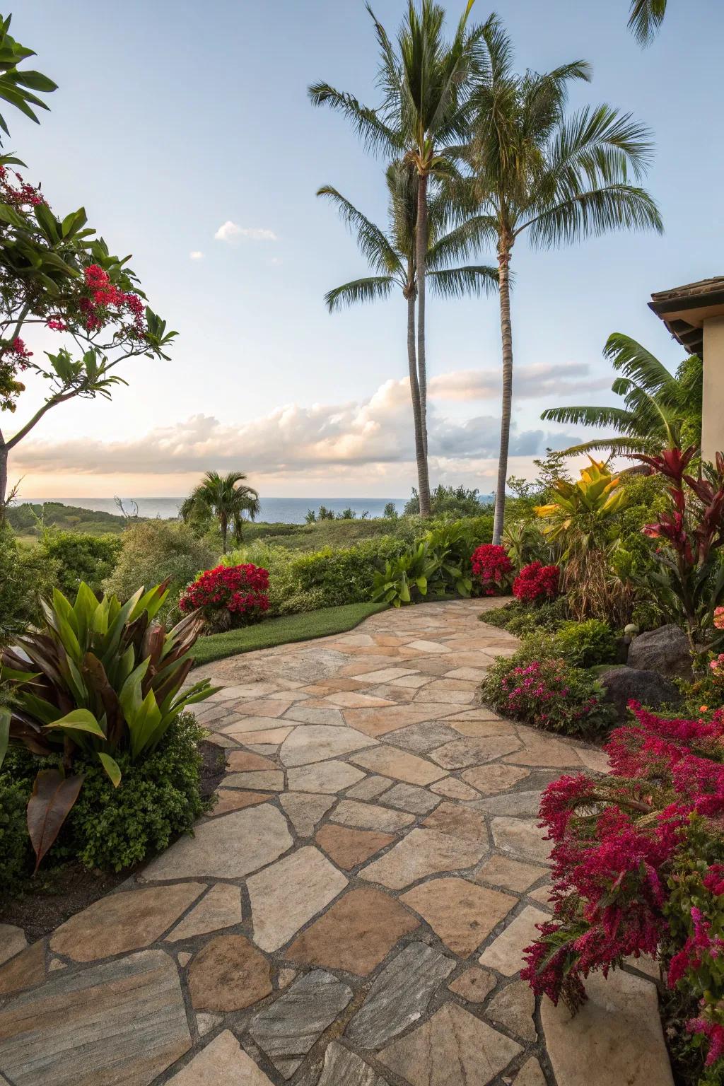 A stone patio with a tropical retreat atmosphere.