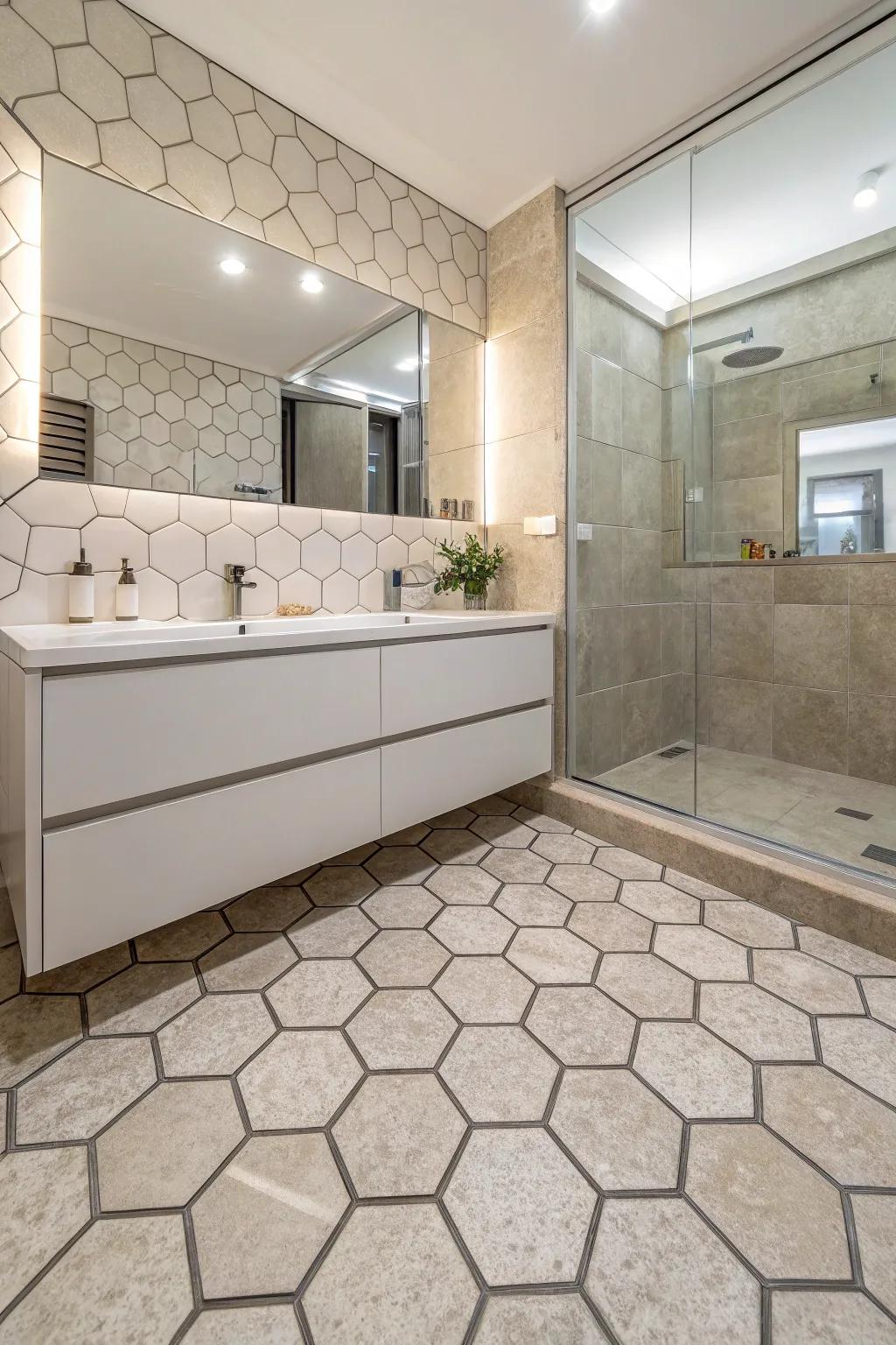 Hexagonal tiles bring a modern geometric style to stone showers.