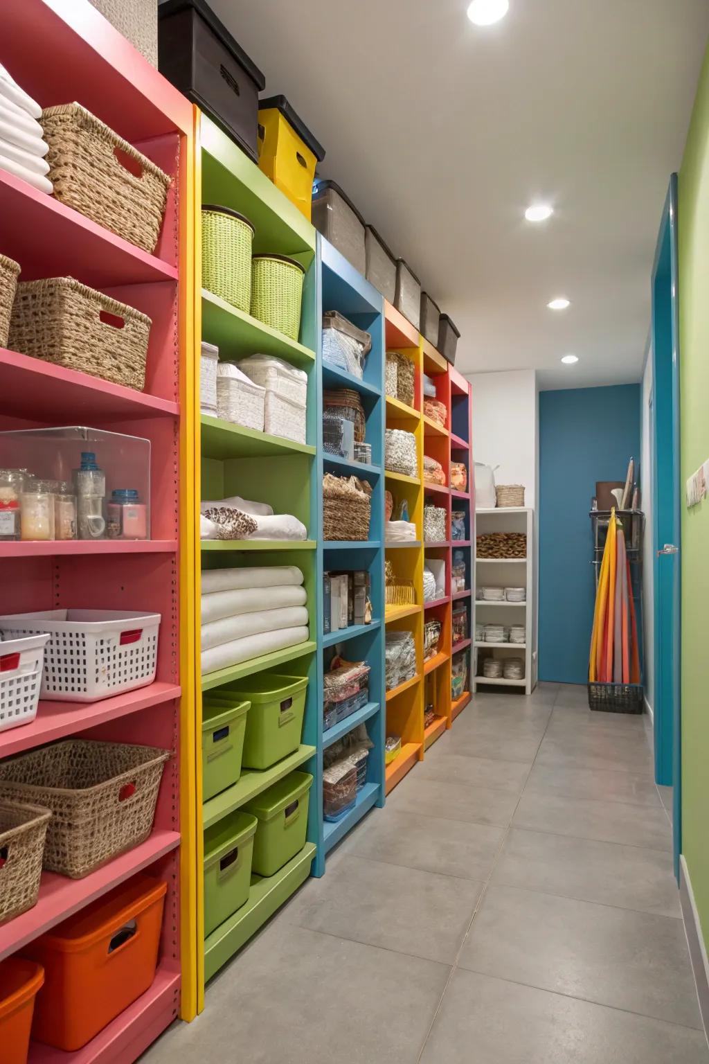 Painted shelves add a pop of color to your storage space.