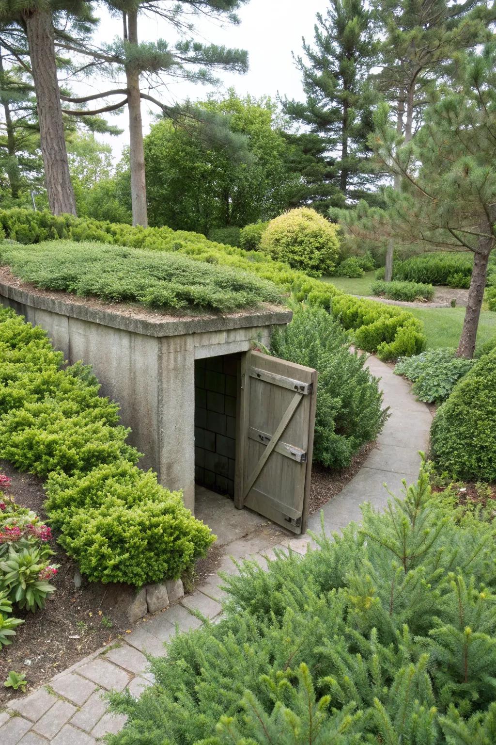 Evergreen bushes deliver consistent beauty and low maintenance around the storm shelter.