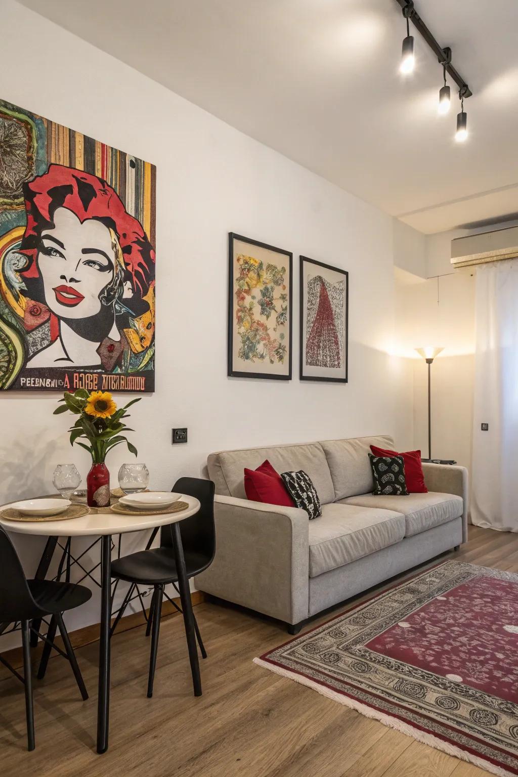 A focal point enriches the character of a studio apartment.