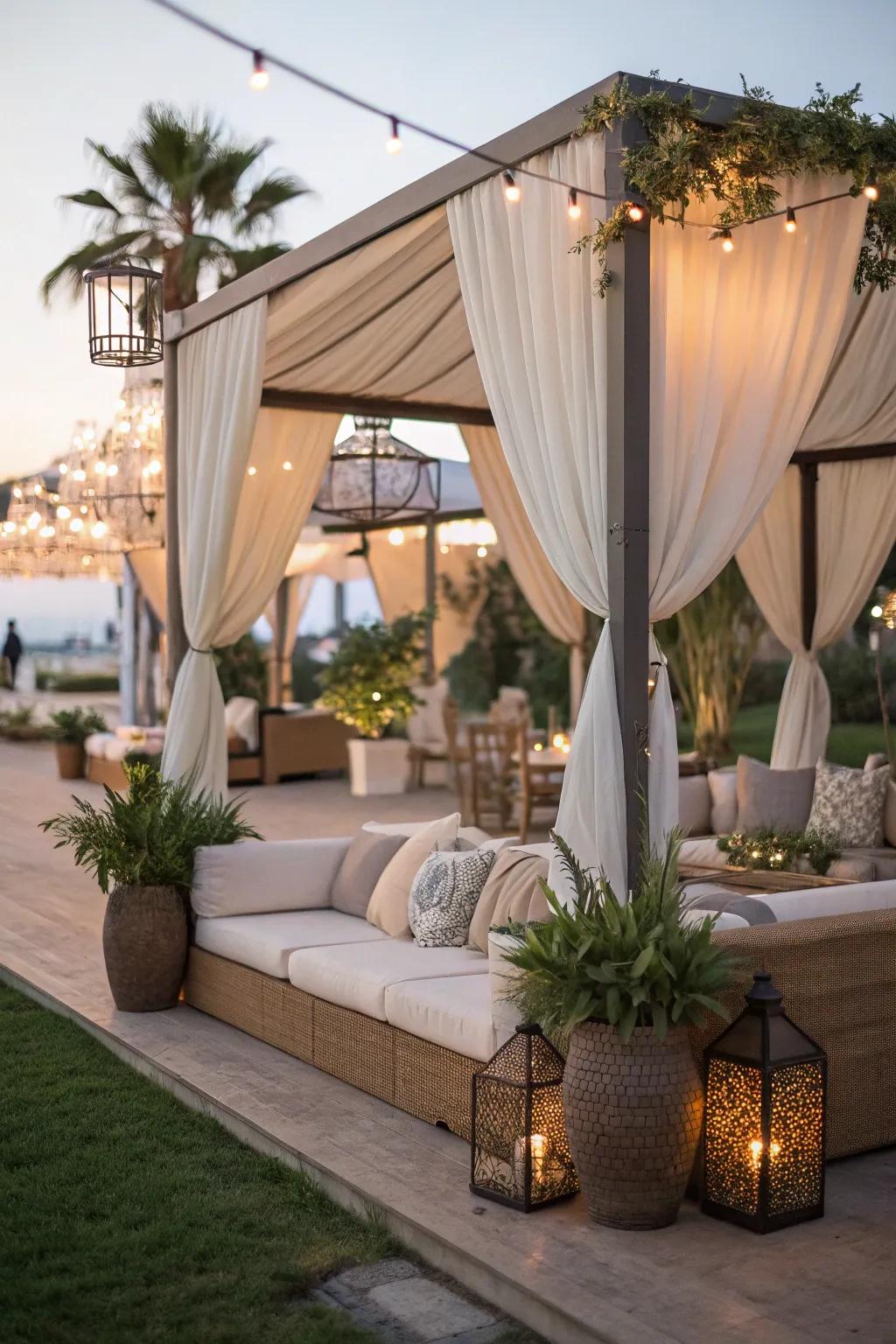 Immerse yourself in elegant relaxation courtesy of an opulent outdoor canopy arrangement.