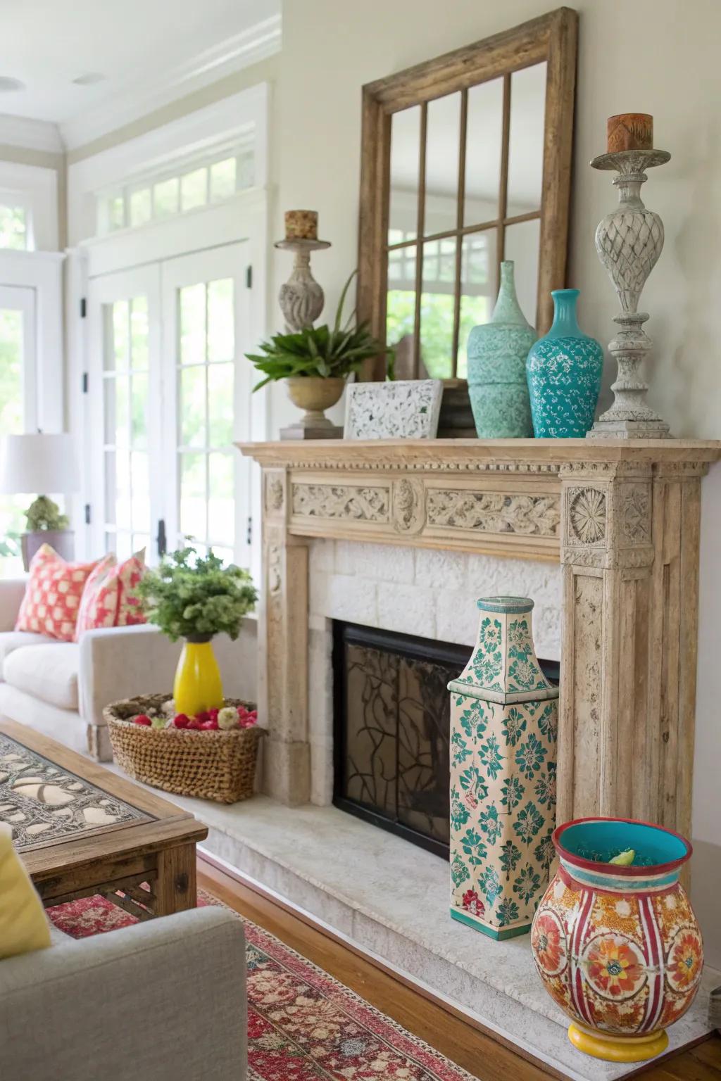 An eclectic collection adds personality to your summer mantel.