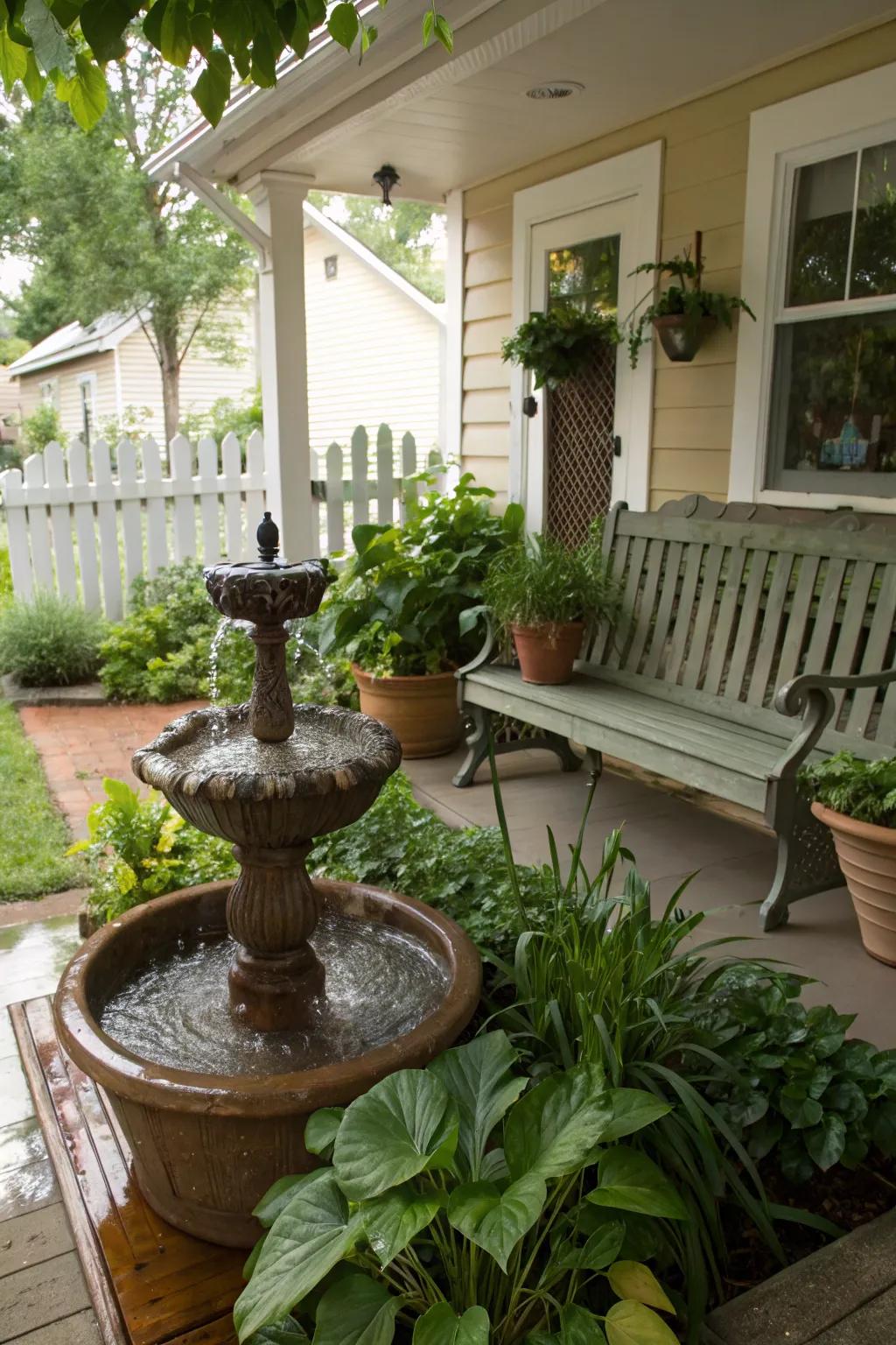 A water feature adds a soothing soundscape to your porch.