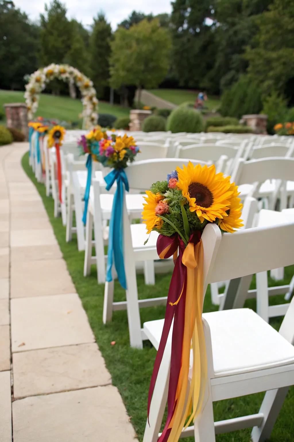 Chairs elegantly decorated with sunflowers at a wedding.