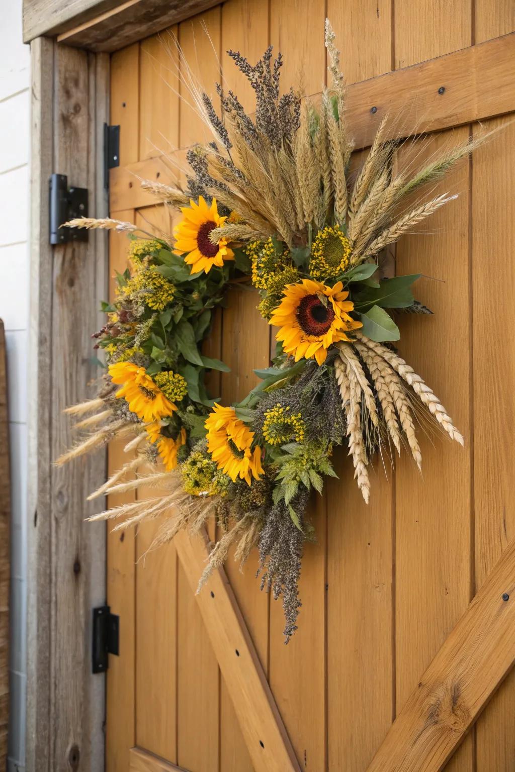 A rustic harvest wreath with sunflowers and wheat.