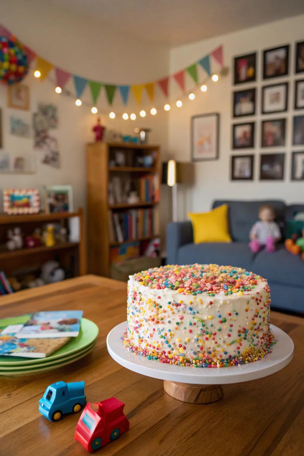 A confetti merriment cake adding a burst of color and excitement to the celebration.