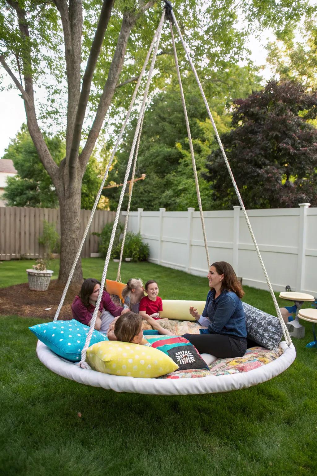 A drifting platform swing serves as a lively social center.